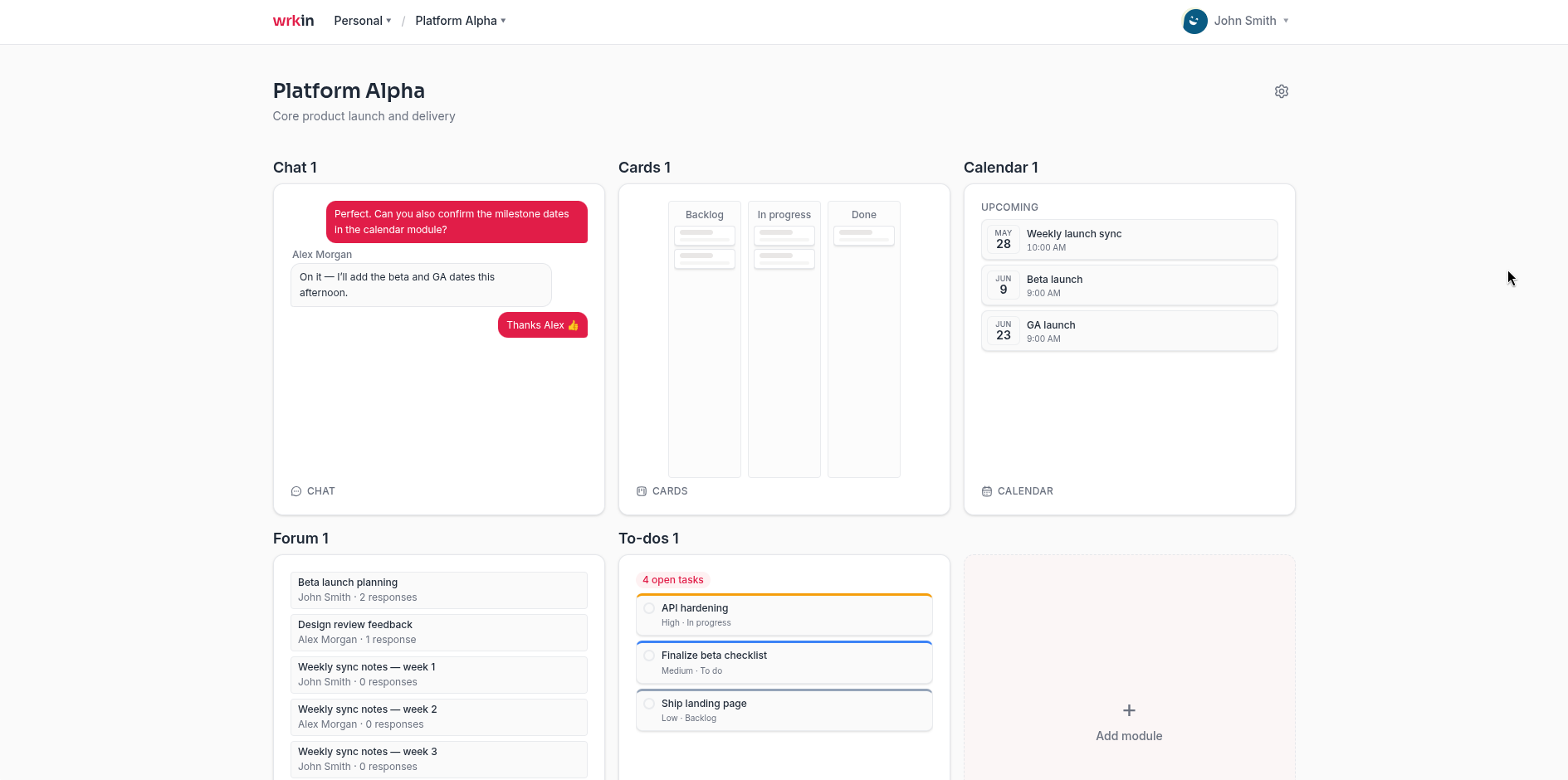 wrkin dashboard with modular tasks, docs, chat, and project tools